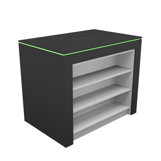 Display table with rgb led lighting_1200mm w/2 x open shelf unit inser RMS Shopfitting Ltd